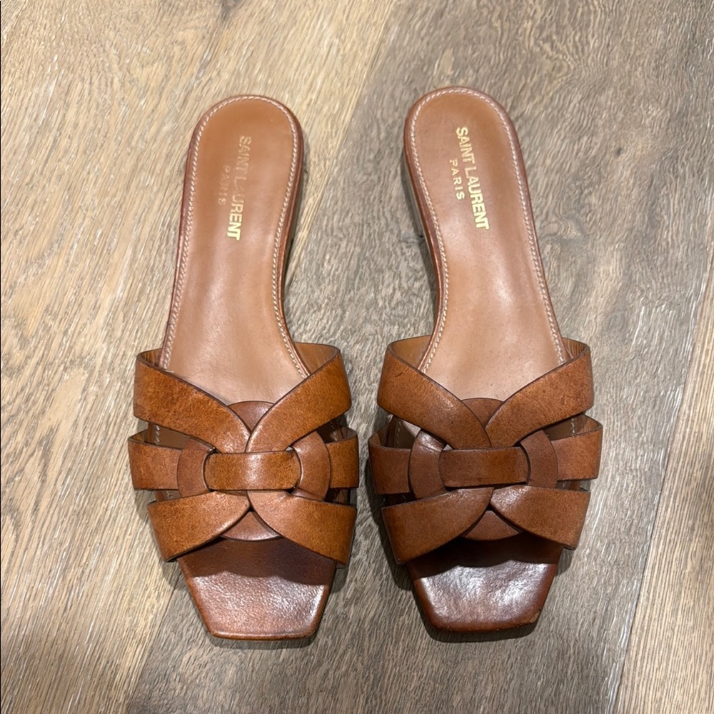 Saint Laurent Tan/Brown Leather Knotted Slide Sandals